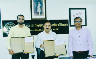 Honorable Vice Chancellor of MSU, Prof. (Dr.) Vijaykumar Srivastava and Dr. Satish Chetwani, Director, ERDA, pose together with the signed MoU
